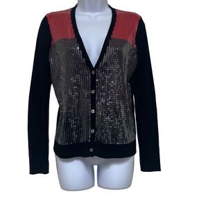 Jones New York Vintage Wool Blend Cardigan Black Red Sequin Colorblock XS NWOT